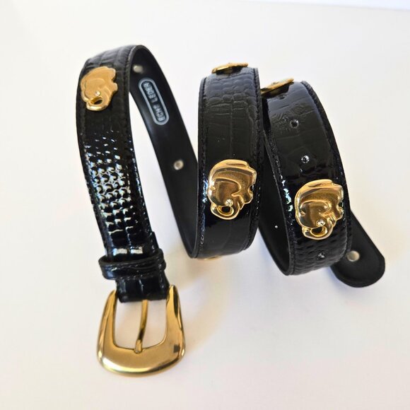Vintage German Elephant Belt Black Patent Leather Gold Hardware Sz 90 Good Luck - Picture 2 of 12